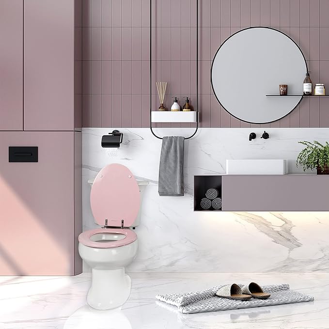Pink Elongated Toilet Seat Natural Wood Toilet Seat with Zinc Alloy Hinges, Easy to Install also Easy to Clean, Scratch Resistant Toilet Seat by Angol Shiold (Elongated, Pink)