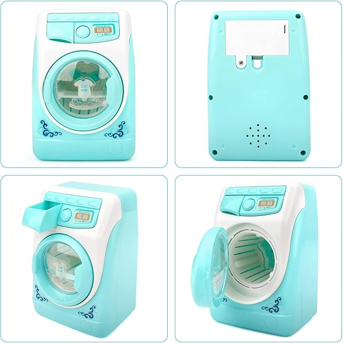 deAO Washing Machine Toy for Kids Dollhouse Furniture Pretend Play Household Appliance Realistic Sounds with Lights Laundry Play Set with Rotatable Roller for Boys Girls