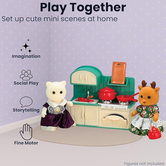 Family Dollhouse Kitchen Set — Miniature Stove, Sink & Oven with Frying Pan, Saucepan, Kettle, Utensils & Cutting Board — Dollhouse Furniture & Accessories for Ages 3+
