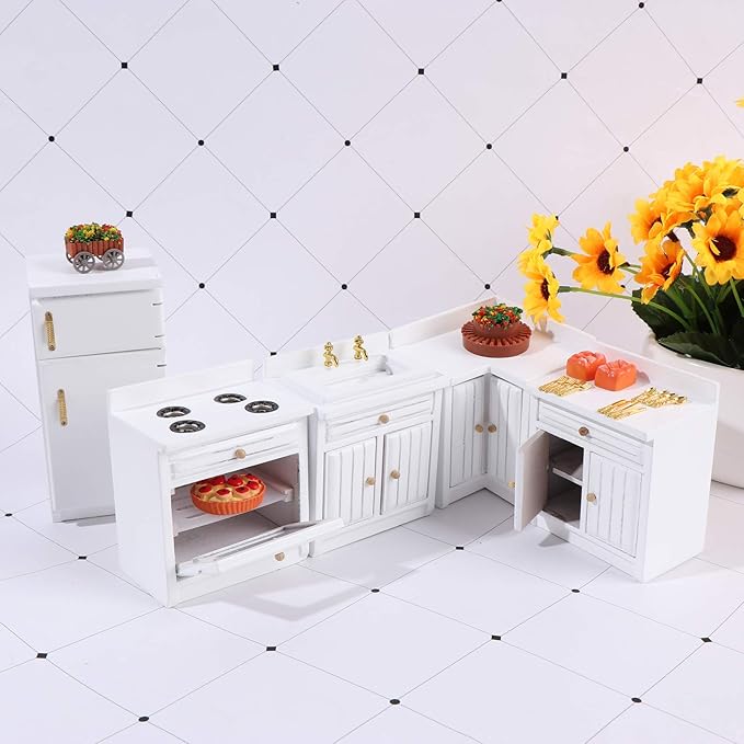Dollhouse Kitchen Furniture Kit 1:12 Doll House Miniature Suite Wooden Kitchen Cabinet Fridge Set Dining Room for Miniature Dollhouse Furniture Scenes Accessories