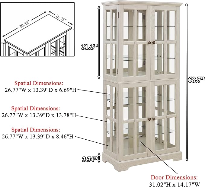 68" H Glass Curio Display Cabinet with Light, 6-Tier Wooden Storage Showcase w/ 4 Glass Doors & Adjustable Shelves, Vintage Accent Cabinet w/Mirrored Back Pane for Home & Office (White)