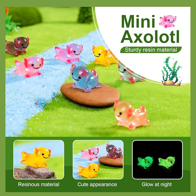 40 Pcs Luminous Mini Resin Axolotl Tiny Animals Miniature Axolotl Figures Glow in The Dark for DIY Garden Dollhouse Axolotl Figurines Accessories Micro Landscape Aquarium Party Decor