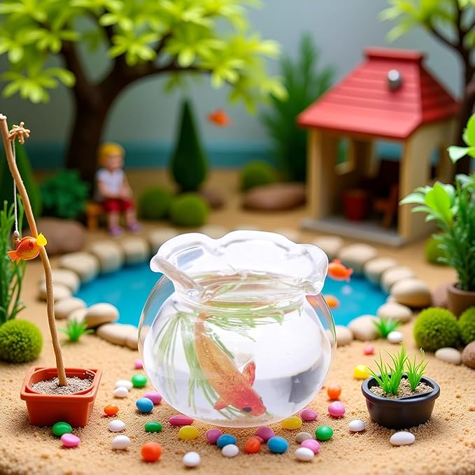2Pcs Multicolour Mini Round Fish Tank Realistic Glass Decor for Dollhouse Display Captivating Miniature for Crafts Ornaments Handmade Landscape,Miniature Goldfish Bowls,Dollhouse Accessories(Gold)