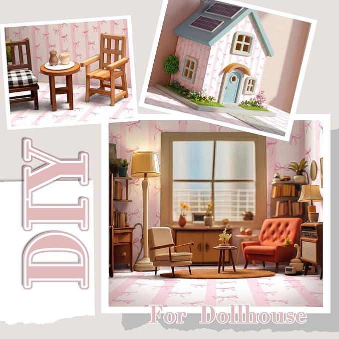 Flutesan 12 Pcs Miniature Dollhouse Wallpaper and Flooring Peel and Stick Mini DIY Self Adhesive Dollhouse Accessories 8.27 x 11.69 Inch (Pink Bow)