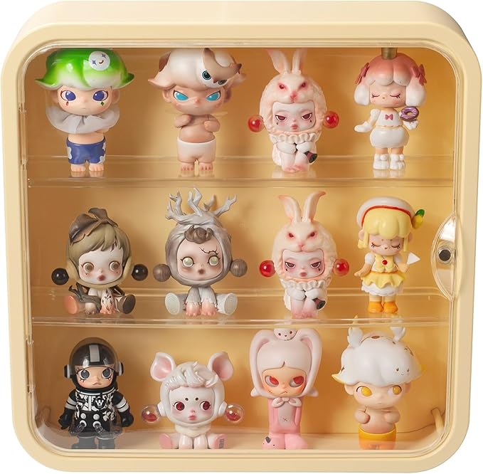 Clear Display Case for Figures, Wall Mounted Clear Display Box, 3 Tiers Adjustable Acrylic Display Box Stand with Magnetic Door for Mini Action Figures Pop Mart Collectibles, Yellow
