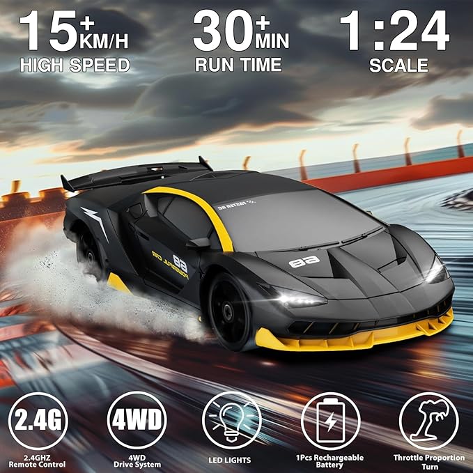 RC Drift Car 1:24 Remote Control Car 4WD 15KM/H High Speed Racing Sport Car with LED Lights RC Cars Toy for Kids Boys Girls Adults Gifts Birthday Christmas Rechargeable Batteries (Black-1)