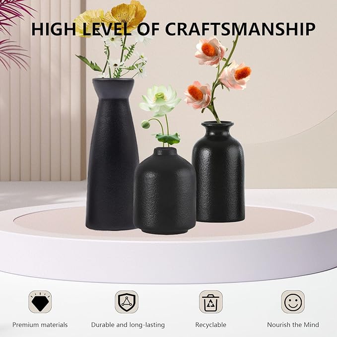 Black vase Set of Three, Bohemian Style vases,Small Flower vases for Home Decoration,entryway Table Decor，Living Room, Bedroom, Dining Table Decorations, Fireplace, and Entrance Decorations. (Black)