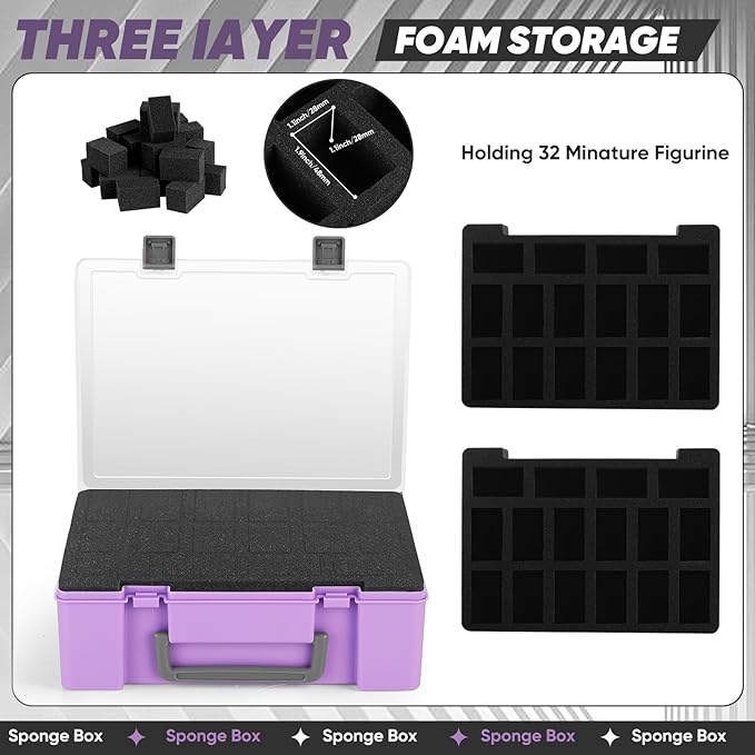 Miniature Storage Carrying Figure Case - 32 Slot Figurine Minature Carrying Case with 2 Foam Layer for Miniatures Compatible with 40k, DND & More (Purple)