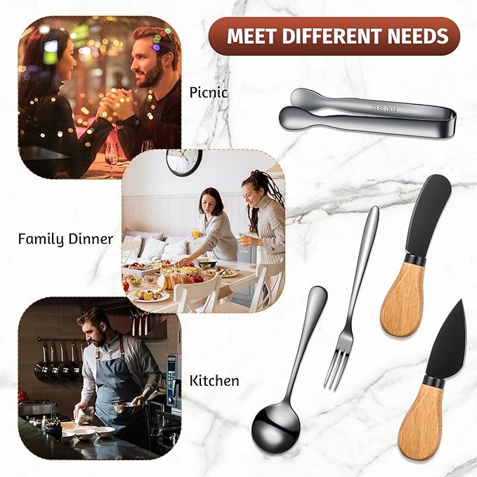 20 Pieces Charcuterie Board Accessories Spreader Knife Set Cheese Butter Spreader Knife Charcuterie Utensils with Wooden Handles Mini Serving Tongs Spoons Forks for party Wedding Christmas (Black)