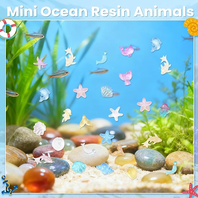BuQiuRen 240pcs Mini Ocean Resin Animals, Tiny Sea Animal Figurines to Hide Miniature Plastic Fish Aquarium Decorations for DIY Crafts Fish Tank Potted Micro Fairy Garden Dollhouse