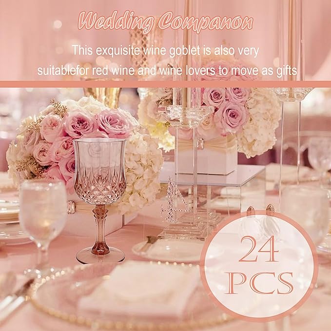 Veiuwa 24 PCS Rose Gold Plastic Wine Glasses,Reusable Plastic Wine Glasses,Rose Gold Goblet Glass,Durable and Sturdy Cups Can Be Used for Various Parties Such as Weddings!