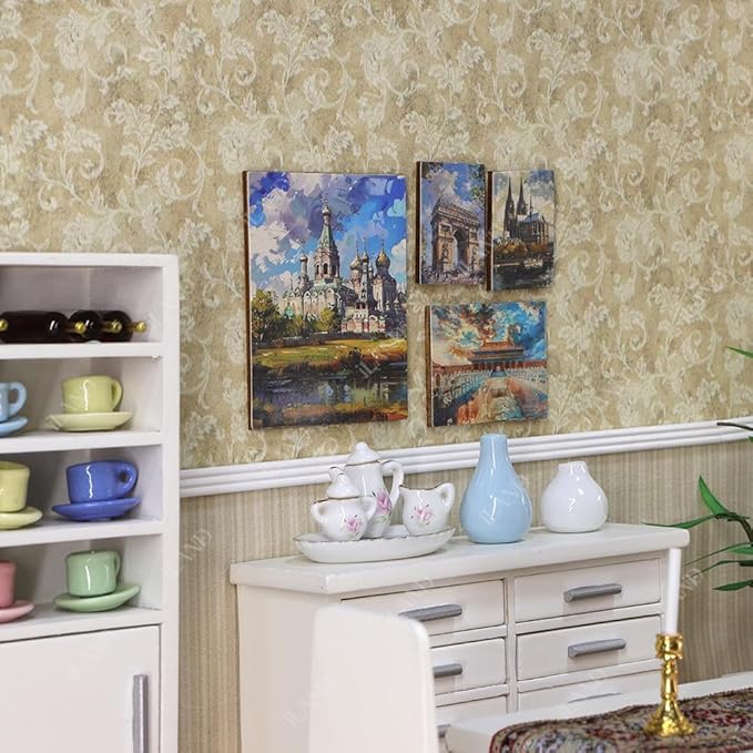 iLAND 1/12 Scale Accessories, 4 Miniature Dollhouse Pictures of Famous Architecture w/Boards