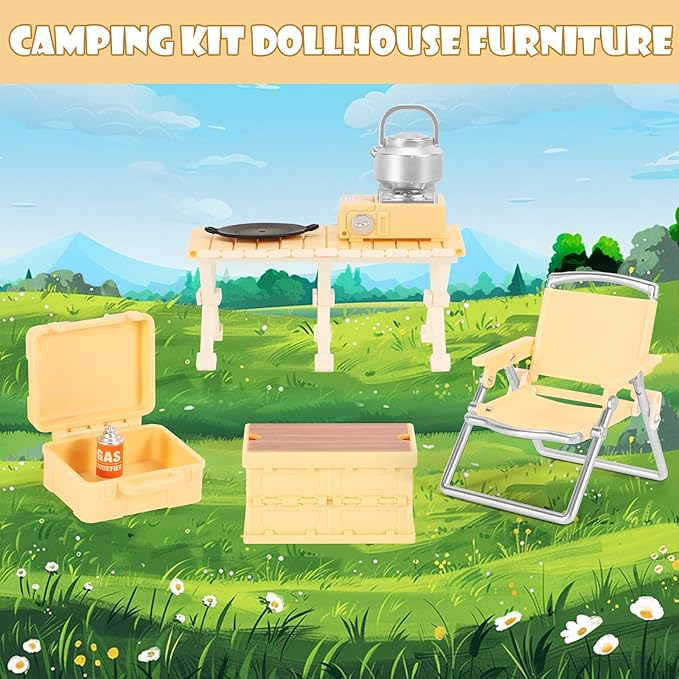 Dollhouse Furniture Set for Kids Toys Miniature Doll House Accessories Pretend Play Toys for Boys Girls & Toddlers Age 3+ with Camping (Yellow)