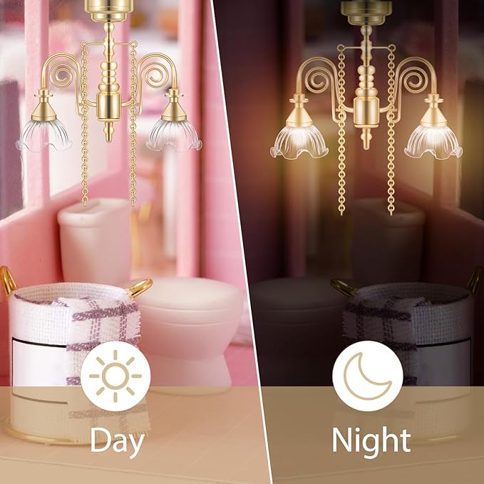 FRCOLOR Dollhouse Miniature Chandelier, Gold Double-Head Floral Ceiling Light Battery Operated for Dollhouse Lighting Decor Accessories, Tiny Ceiling Lamp for Miniature Furniture Scenes 1:12 Scale