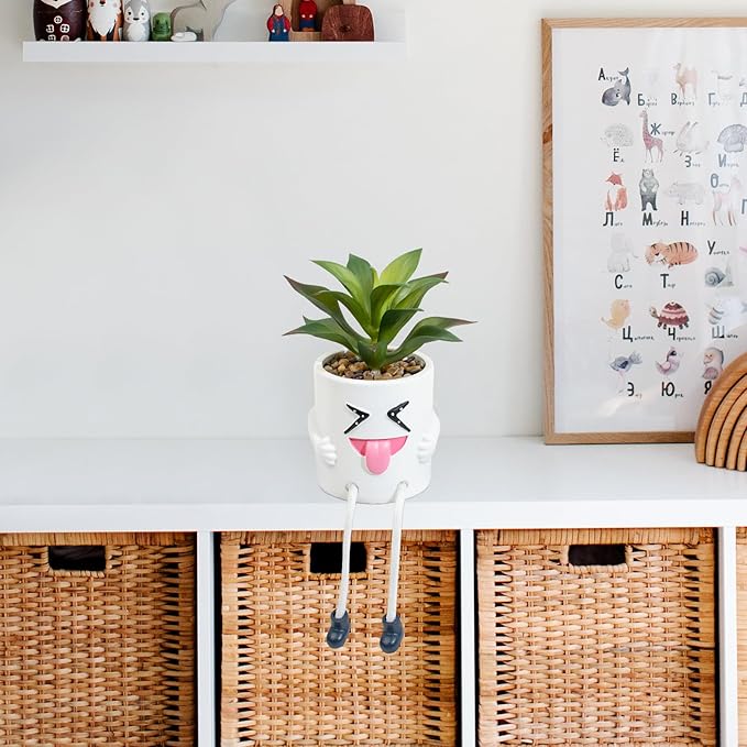 LUZOGA Fake Plant Mini Potted Succulents with Hanging Leg White Cute Pot Creative Artificial Succulent Plants in Funny Pot Faux Succulents for Home Office Shelf Desk Decor and Gift Choice