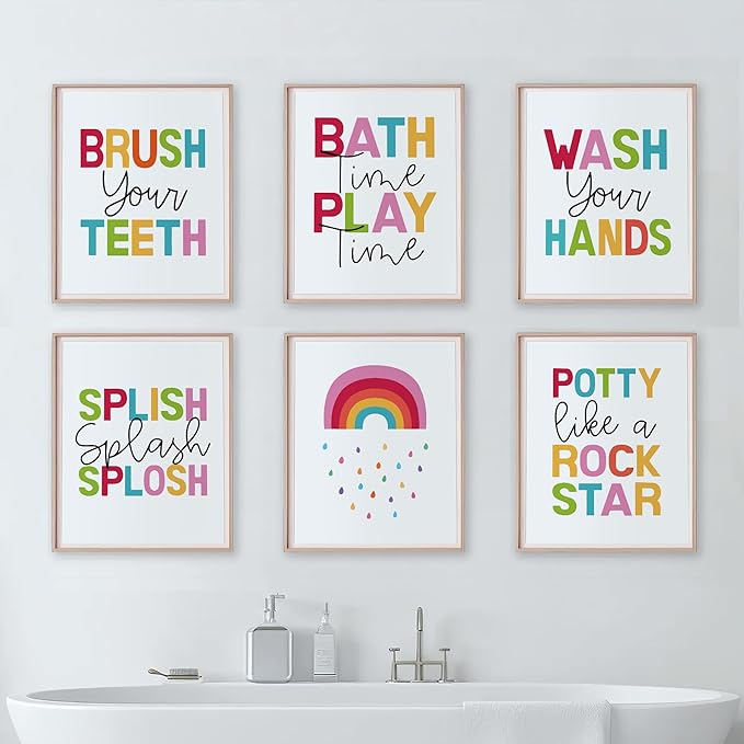 seersillus So Fresh and Clean Colorful Bathroom Wall Art Prints Home Kid Bathroom Set, Washroom Restroom Nursery Toilet Laundry Decor,Funny Bathroom Rules Wall Decor, Unframed 6pcs 8x10inches