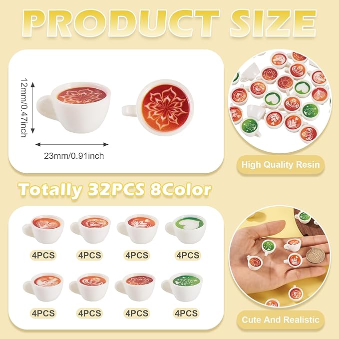 Cheriswelry 32Pcs Mini Coffee Cups Resin Coffee Miniature Ornaments Simulated Matcha Drink Mug Lovely Tableware Dollhouse Display Accessories 12x23mm for Kitchen Desktop Bar Decoration
