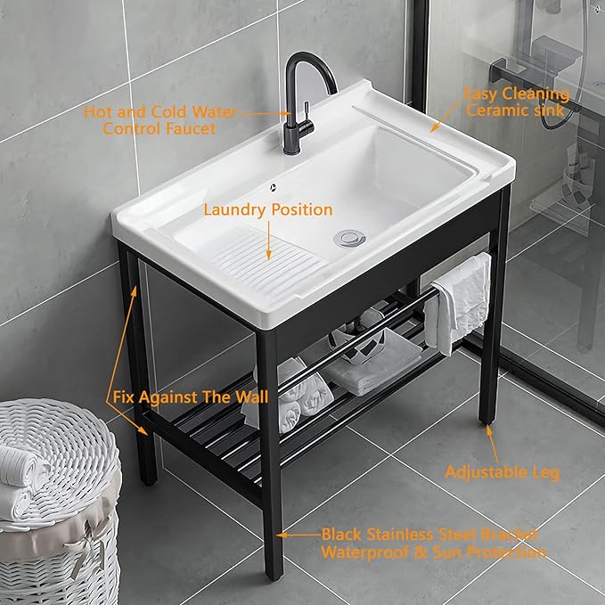 Freestanding Laundry Utility Sink, 28.3" x 19" x 32.3" Ceramic Utility Sink with Washboard Set with Bracket and Drain Kit for Laundry Room, Utility Room, Garage, Basement, Outdoor and Indoor