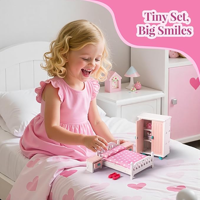 BABESIDE Mini Dollhouse Bedroom Furniture Set,7 PCS Pink Wooden Doll House Accessories for 3 Inch Dolls with Bed, Nightstands, Wardrobe, Pillows & Mattress – Gift for Girls, Kids Miniature Room Toy