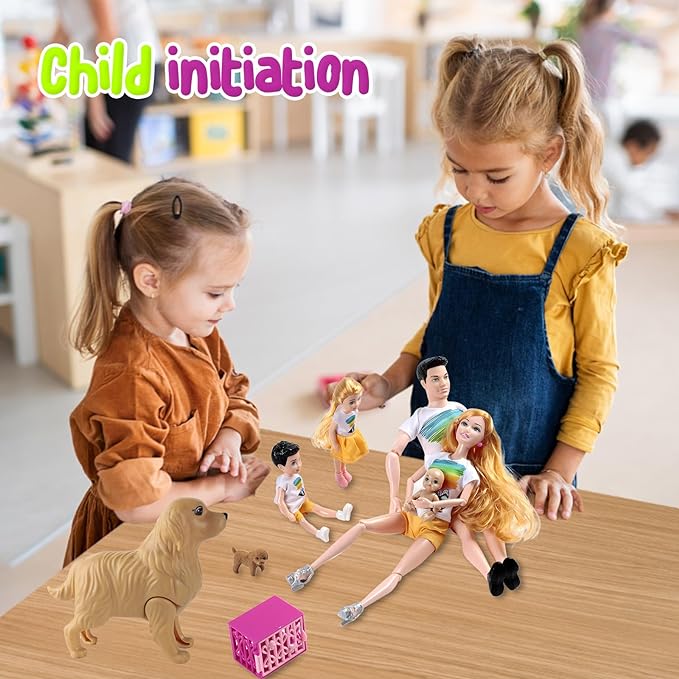 Dolls Set of 6 People with Dollhouse Pets Included Pregnant Mom Dad 3 Kids and Baby Boy in Mommy's Tummy, Doll Playsets and Accessories for 3-12 Years Old