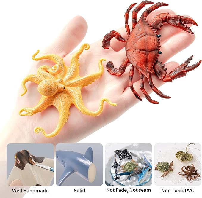 12PCS Ocean Sea Animal Toys for Kids,Realistic Soft Plastic Shark,Whale,Dolphin,Hermit Crab,Octopus,Starfish,Sea Turtle,Party Favors Birthday Gifts Cake Toppers for Boys Girls