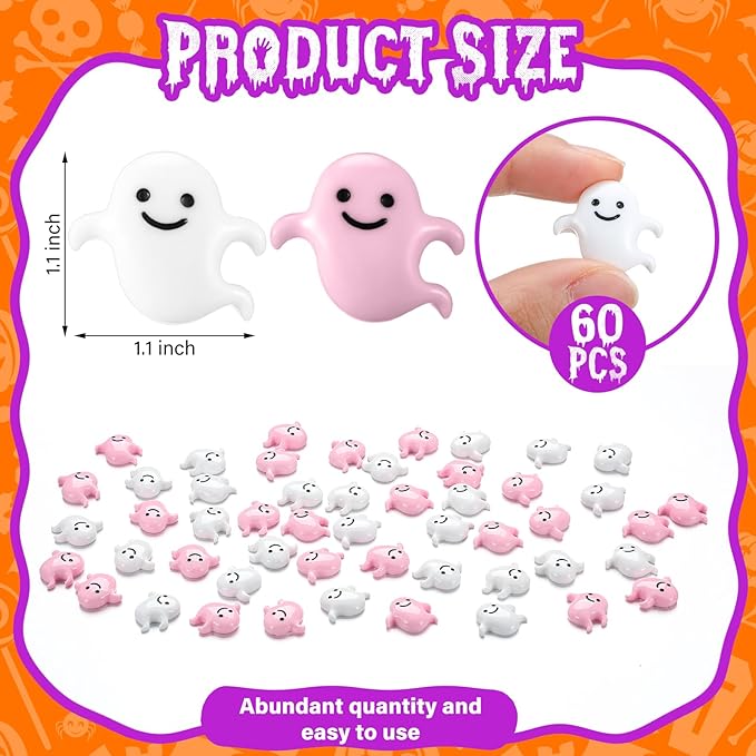 Giegxin 60 Pcs Halloween Miniatures Ghost Charms Flatback Mini Ghost Decoration Small Artificial Halloween DIY Craft for Party Dollhouse Hair Clips Vase Fillers Accessories(Pink,1.1 Inch)