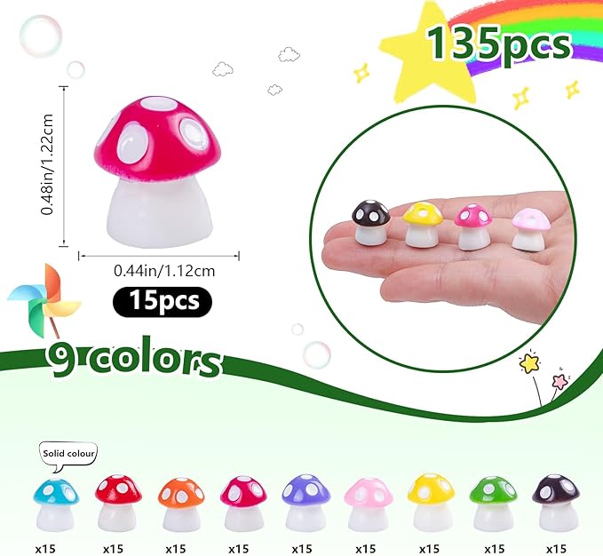135 Pcs Mini Resin Mushrooms Figurines Bulk,9 Colors Tiny Resin Figures for Fairy Garden Decor,Dollhouse Miniature Decor,Terrarium Glass Animals Accessories