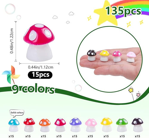 135 Pcs Mini Resin Mushrooms Figurines Bulk,9 Colors Tiny Resin Figures for Fairy Garden Decor,Dollhouse Miniature Decor,Terrarium Glass Animals Accessories