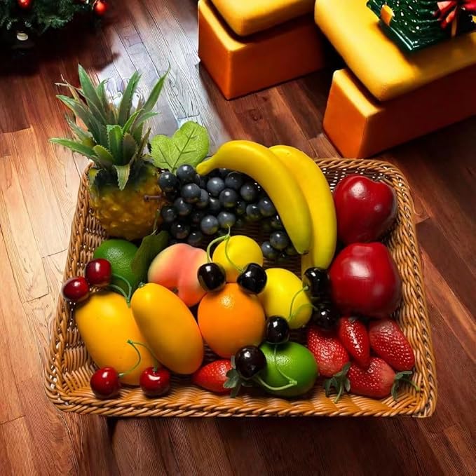 26pcs Artificial Fruits Fake Realistic Fruit Modle for Photoshoot Decor Artificial Pineapple Green & Yellow Lemon Black Grapes Bananas Orange Apple Peach Strawberries Mango Plastics Cherry