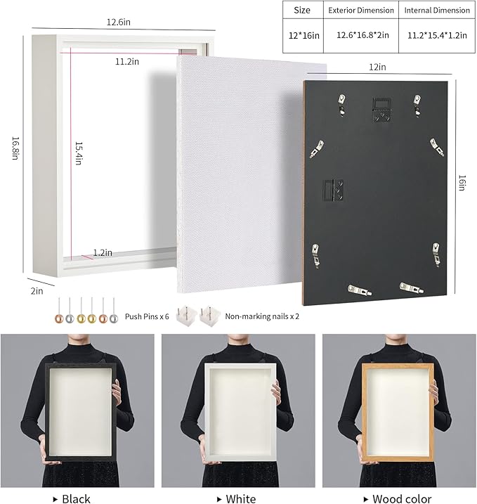 12x16 Shadow Box Picture Frame Display Case with Soft Linen Back-Thickened Panel,Large White Deep Shadow Box Frame 12x16 for Jersey Graduation Items Flower Craft Memorial Gifts