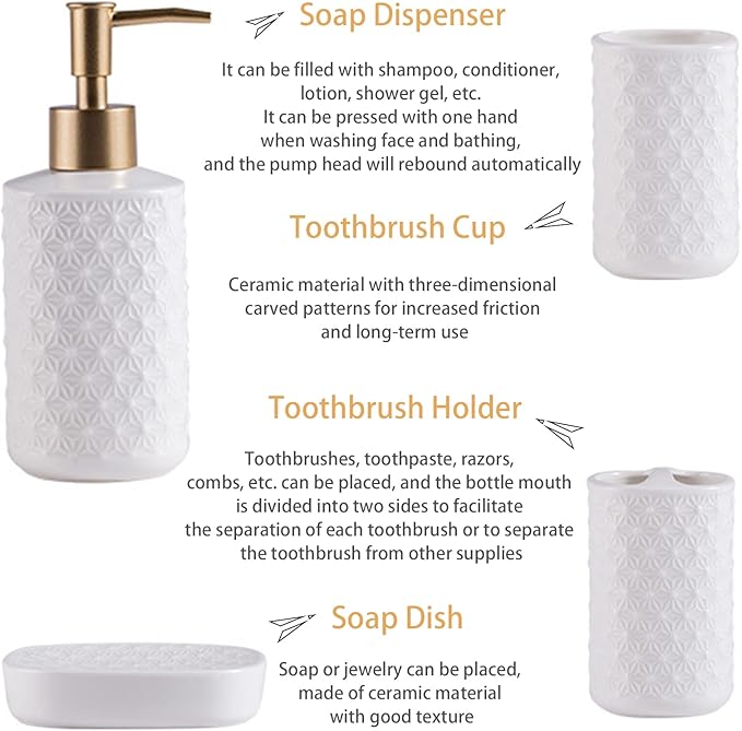 SHIIANN Ceramic Bathroom Accessories Set, 4 Pack Bathroom Ensemble for Bathroom Includes 1 Lotion Dispenser 1 Toothbrush Holder 1 Tumbler 1 Soap Dish (White)