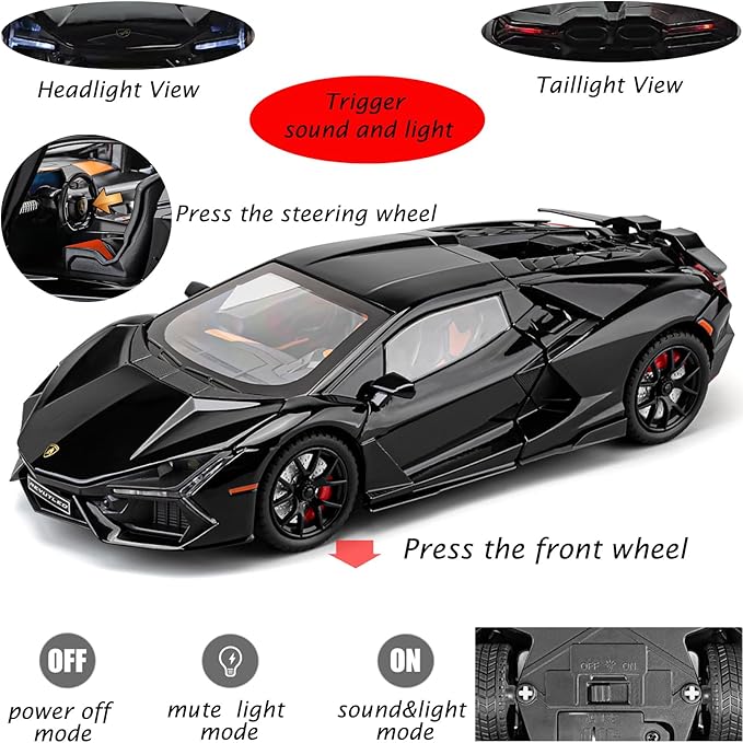 Alloy Collectible 1/24 Black Lambo Revuelto Toy Pull Back Vehicles Diecast Cars Model with Light & Sound