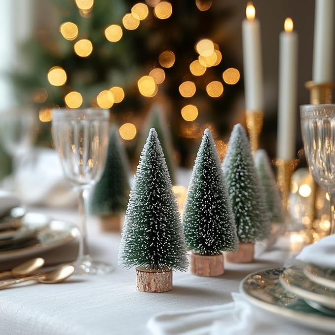10pcs 4inch Mini Christmas Tree Bottle Brush Trees Chrismas Village Trees Ornaments Snow Mini Plastic Christmas Trees with Wooden Base for Christmas Decoration Miniature Chrismas Tree