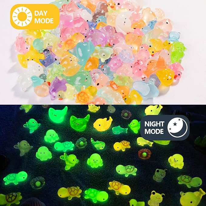 105pcs Luminous Mini Resin Animals 11 Types Glow in the Dark to Hide Miniature Resin Animals Figures Small Plastic Ocean Animal for Fairy Garden Micro Landscaping Dollhouse Home Decor Party Gifts.