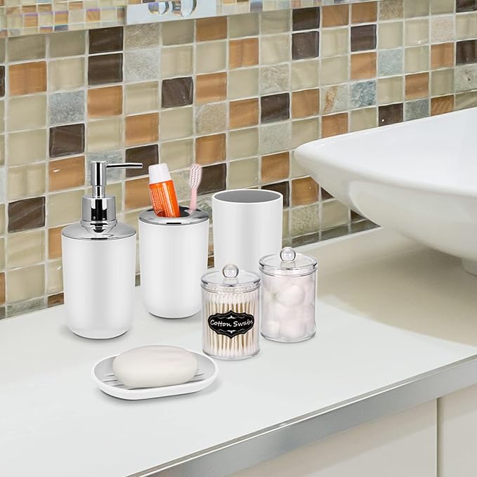 White Bathroom Set,9 Piece Bathroom Accessories Set,Tray,Soap Dispenser,Toothbrush Holder,Toothbrush Cup,Soap Dish,Toilet Brush,Qtip Holders,Trash Can for Bathroom Décor and Housewarming Gifts