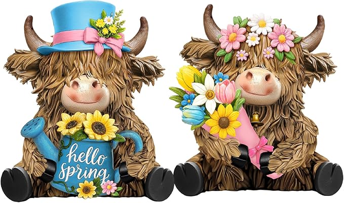 Burbell 2 Pack Spring Highland Cow Resin Figurine Spring Bathroom Highland Cow Gnomes with Flower Starfish Resin Statue for Garden Table Shelf Home Decor Calf Gnome Herd Gifts