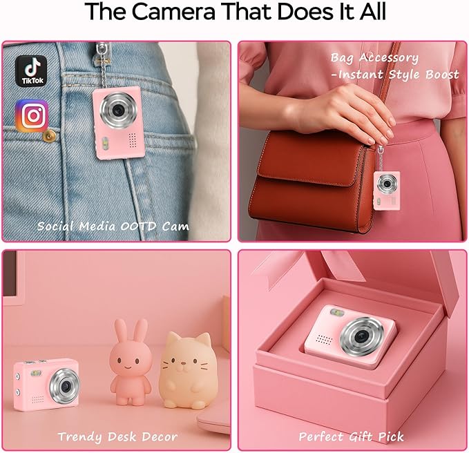 Dienspeak Mini Camera 1080P HD Video Recorder, Keychain Digital Camcorder with 64GB Card, 0.96" HD Display, Long Battery Life, Ultra-Portable Tiny Camera for Travel/Vlog/Night Shots, Pink