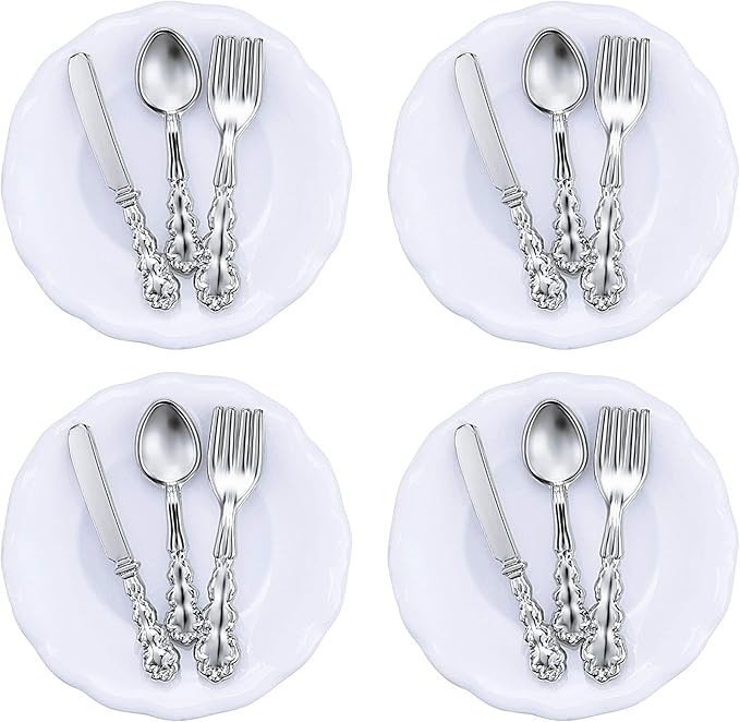 Skylety 4 Pieces 4 Pieces 1: 12 Scale Miniature Mini House Plates and 12 Spoons Knives Forks Metal Tableware Kitchen Accessories Miniatures Porcelain Plate Set Mini House Decoration