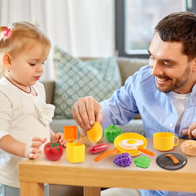 60Pcs Kids Mini Play Kitchen Accessories, Pretend Cooking Play Set with Cookware, Tableware & Fruit & BBQ Sets, Learning Gift for Boys, Girls, Toddlers,Yellow