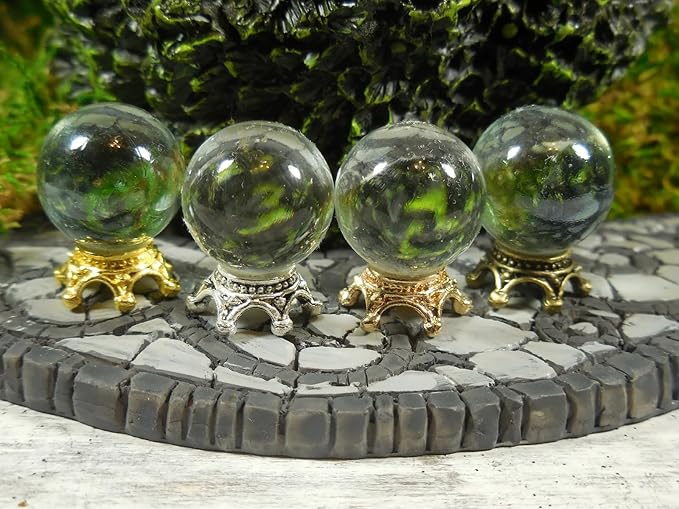 Fairy Garden Crystal Ball, Miniature Glass Gazing Ball, Dollhouse Wizard Minis, Terrarium Miniatures, Haunted Dollhouse, Halloween Decor (Yellow Gold)