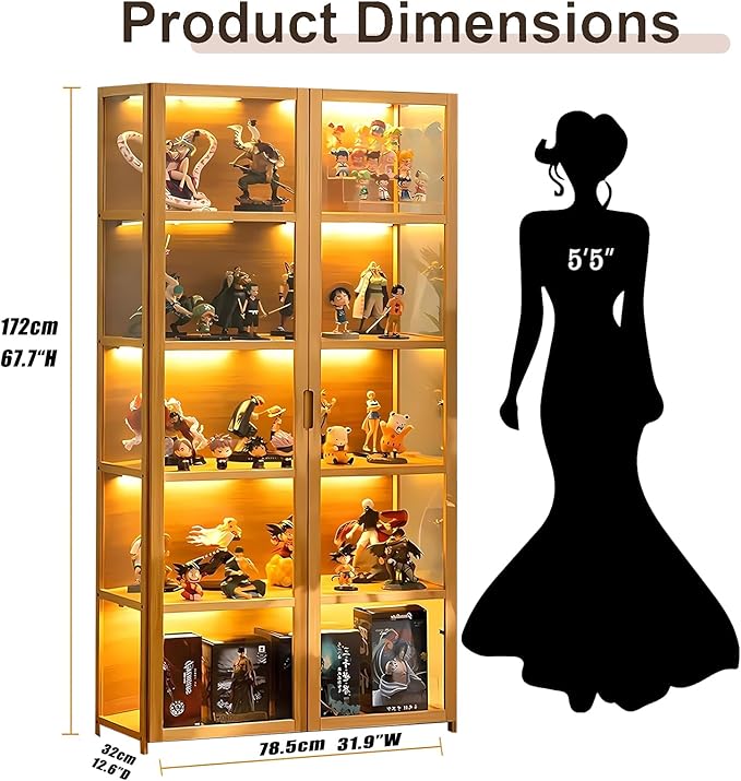 Display Cabinet with Acrylic Glass Doors, Tall Storage Cabinet with Adjustable Shelves, 5 Tier Curio Cabinet&Bookcase for Collectibles, Toys, Books, for Kids Playroom, Bedroom, Study Room