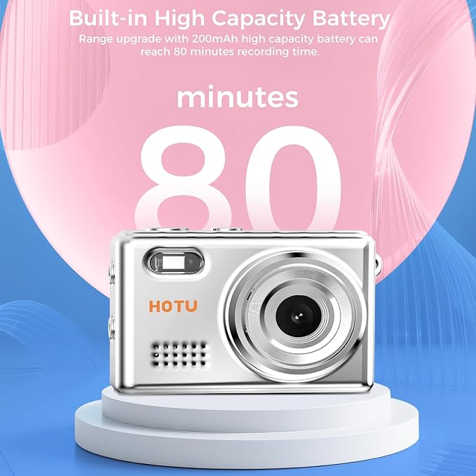 HOTU Mini Keychain Digital Camera, Y2K Pocket-Size Mini Camera, 2MP 1080P SmallCamera with 32GB Card, Video Recorder with Long Battery Life for Travel, Party and Vlog (Silver)