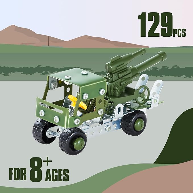 Military Truck STEM Building Toy Set for Boys Age 8-12 - 129pcs Metal Army Toys Model Car Kits Set - 8-10 Stem Projects Vehicles,Engineering STEM Kits or Kids 6-8 for Kids