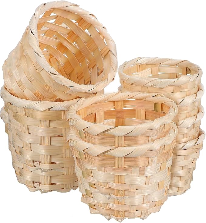 8 Pcs Mini Woven Basket Set for Home Organization, 4 Small 3.54 × 3.54 × 2.95in and 4 Mini 2.95 × 2.95 × 2.36in, Natural Bamboo Wood, Centerpiece Baskets, Party Favors, DIY Crafts