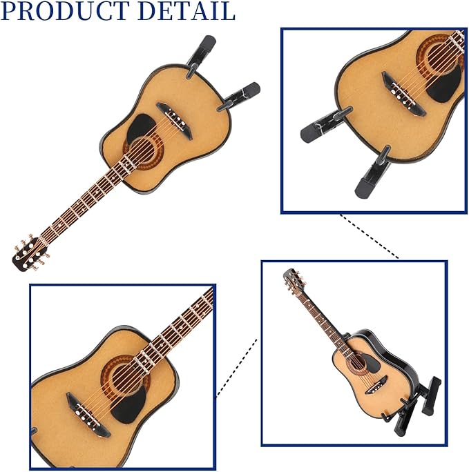 Wooden Miniature Guitar with Stand and Case ,Mini Guitar Collectible Figurines Dollhouse Miniatures, Lovely Musical Instrument Display Model (3.9"x1.5"x0.5")