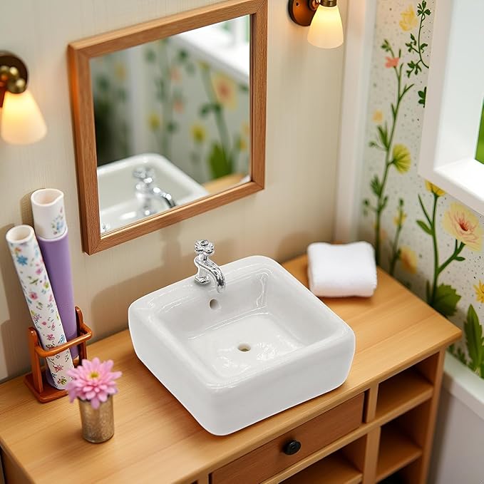 1:12 Scale Ceramic Sink with Removable Faucet - Miniature Dollhouse Bathroom and Kitchen Accessories for Victorian Style Decor, Realistic Doll House Furniture (Durable Resin Basin Set)