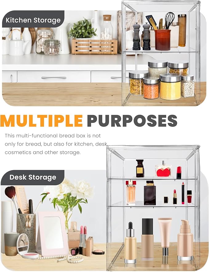 Bread Box,Large Bread Boxs for Kitchen Countertop - 4 Layers Adjustable Bread Storage Container, Clear Boxes for Kitchen Counter, Breads Box Airtight,Bread Holder,Perfect for Bagel, Muffins