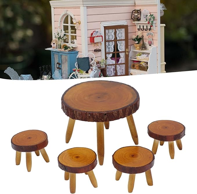 1:12 Scale Dollhouse Dining Table Set, Wooden Round Table & 4 Chairs Miniature Furniture for Dollhouse, Adult Collector Display