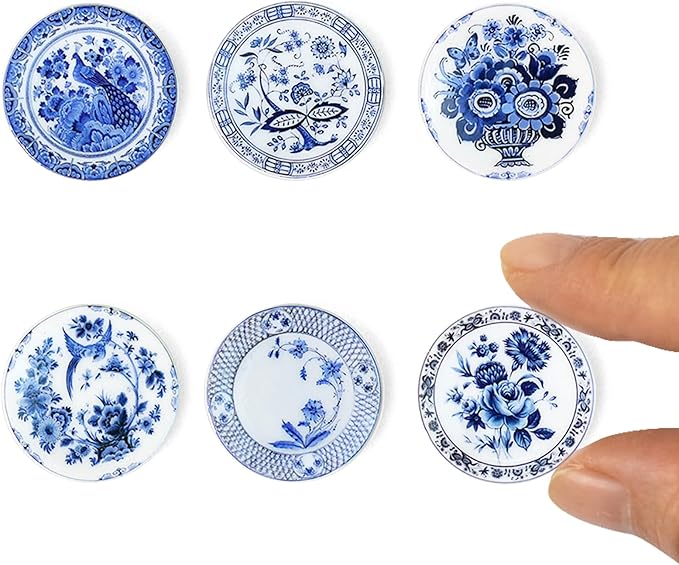6PCS Handcrafted Miniature Ceramic Plates in 1:12 or 1:6 Scale, Vintage Porcelain Playhouse Dishes (Blue-White A, 2.3CM)