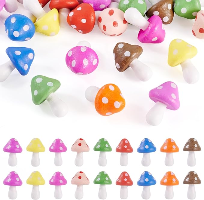 36 Pcs Wooden Mushrooms Figurines Tiny Wood Mushroom Miniature Colorful Mushroom Dollhouse Ornaments for Landscape Fairy Garden Plant DIY Table Office Desk Home Party Decor